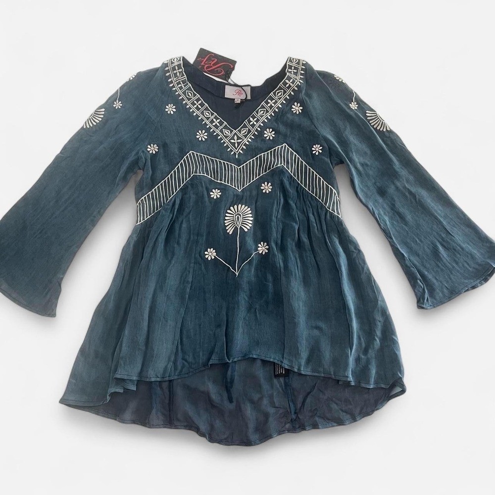 Roja Embroidered Tunic Top Indigo Ivory V-Neck Bell Sleeve Boho Small India Made